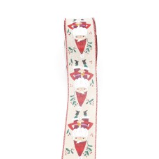 2.5 Inch Natural Wired Christmas Ribbon With Santas And Red Edges, 25 Feet Per Spool (Lot of 1 Spool) SALE ITEM